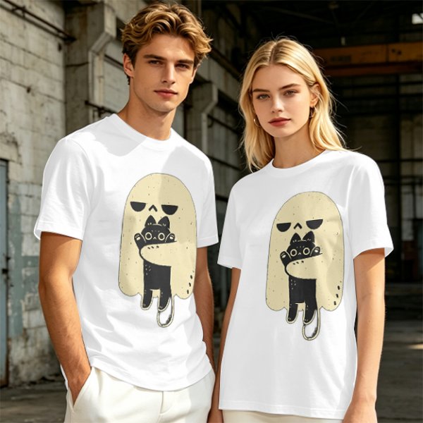 Olive T-Shirt With Ghost Holding Black Cat Graphic