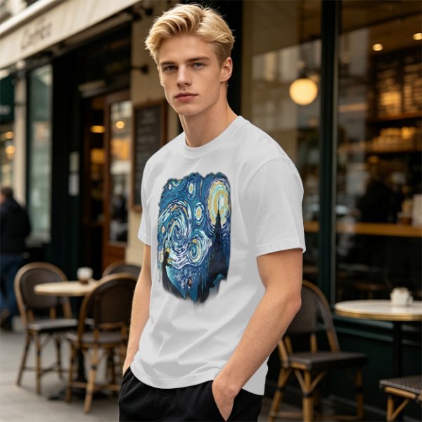 Olive T-Shirt with Starry Night Art Print