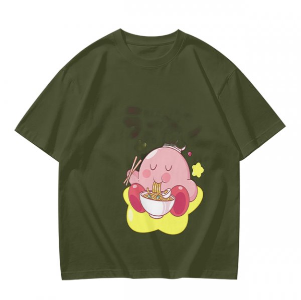 Olive T-shirt Featuring Kirby Eating Ramen on a Warp Star