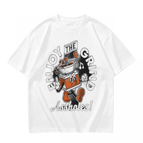 Olive graphic t-shirt with 'Enjoy the grind Assholes' coffee grinder mascot print