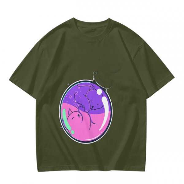 Olive T-shirt with Sleeping Cats in Colorful Bubble Graphic