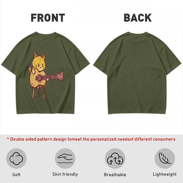 Olive T-shirt with Cute Orange Cat Playing Guitar Graphic