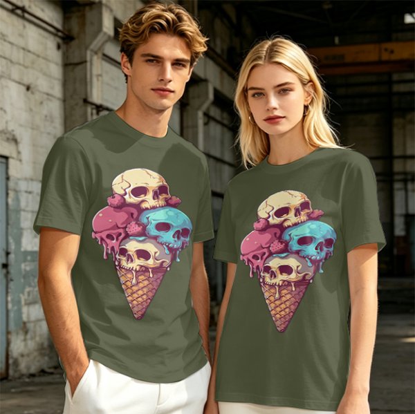 Olive T-Shirt With Skull Ice Cream Cone Graphic