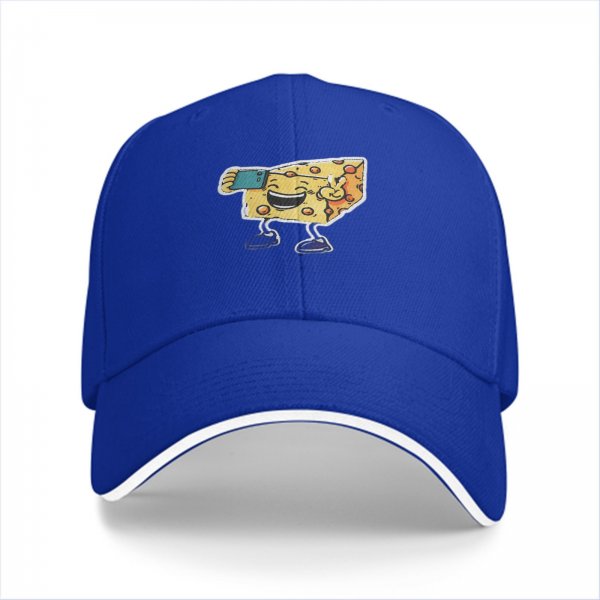Black Baseball Cap With Cartoon Cheese Taking Selfie Peace Sign