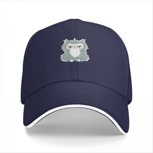 Black Baseball Cap With Grumpy Fluffy Grey Cat Graphic