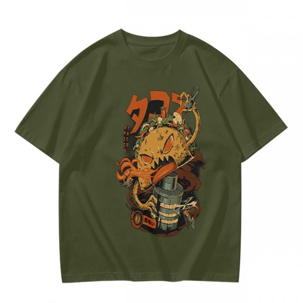 Olive T-shirt with Monster Burger and Japanese Graphic Print