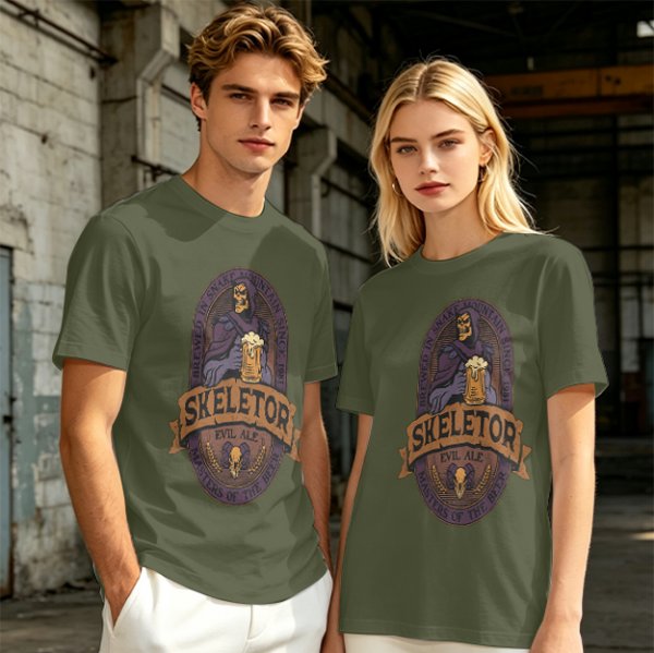 Olive green t-shirt with Skeletor Evil Ale beer graphic
