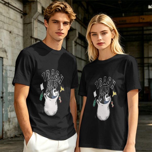 Olive graphic t-shirt with Trash Club raccoon and panda in trash can print