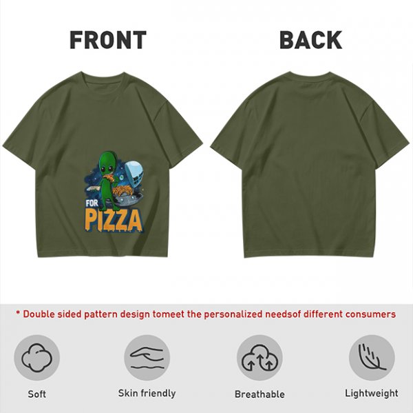 Olive Green T-Shirt with Alien Eating Pizza UFO Graphic