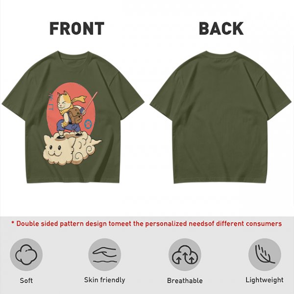 Olive T-shirt with a cat warrior riding a flying cloud graphic