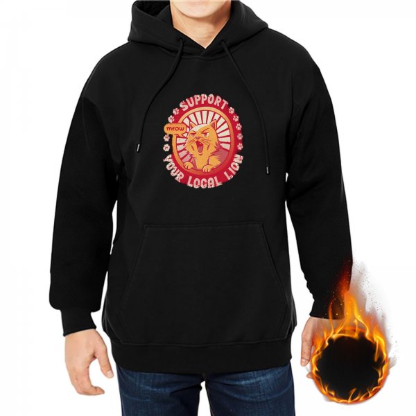 Black hoodie with 'Support Your Local Lion' cat graphic
