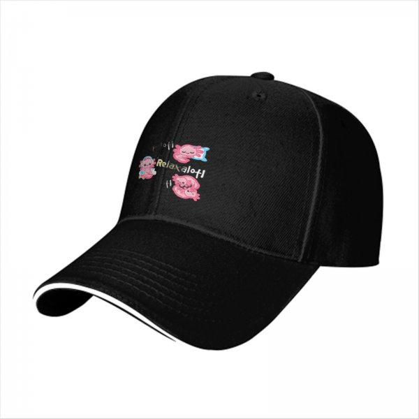 Black baseball cap with cute axolotl 'Relaxalofi' graphic design