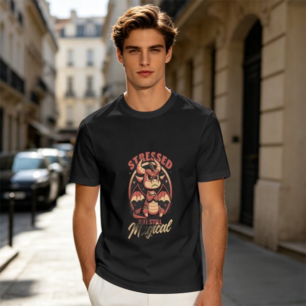 Olive graphic t-shirt with stressed but still magical dragon print