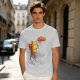 Olive T-Shirt Featuring a Relaxed Cat on a Chair with Fried Chicken Print