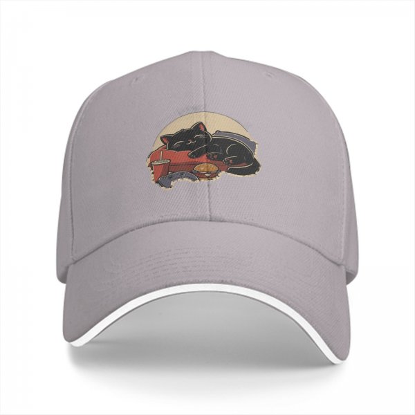 Black Baseball Cap With Lazy Cat Gaming Snack Print