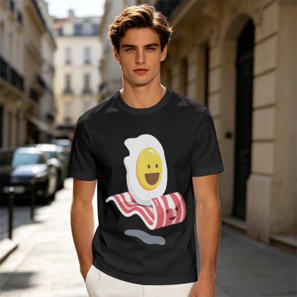 Olive T-Shirt With Happy Fried Egg And Bacon Graphic Print