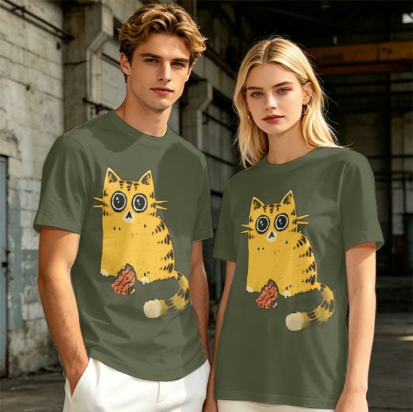 Olive T-Shirt With Cute Surprised Orange Tabby Cat Holding Meat Print