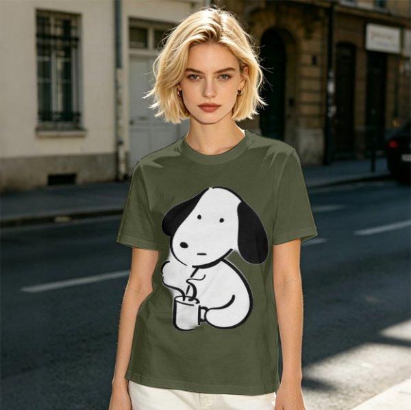 Olive Green T-Shirt With Cartoon Dog Holding Hot Drink Graphic