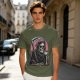 Olive T-Shirt Featuring Grim Reaper Holding Coffee and Scythe