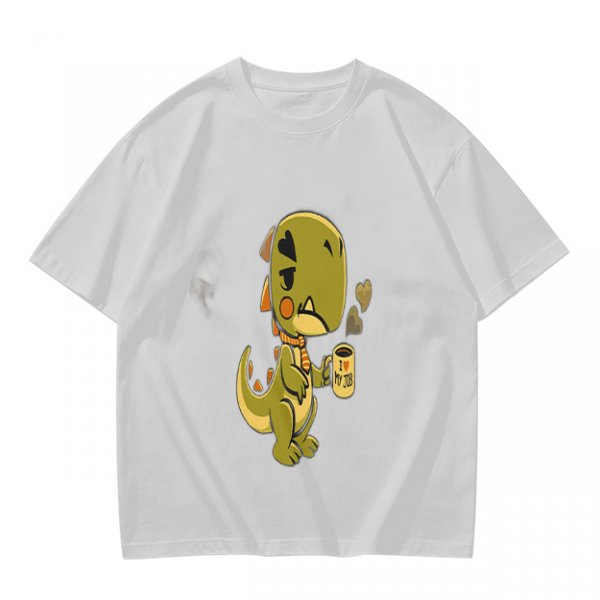 Olive T-shirt with a grumpy cartoon dinosaur holding a coffee mug