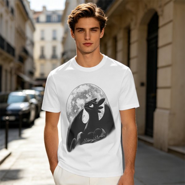 Olive T-Shirt Featuring Toothless Dragon Against Full Moon