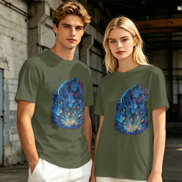 Olive T-Shirt With Blue Fantasy Monster Graphic Print