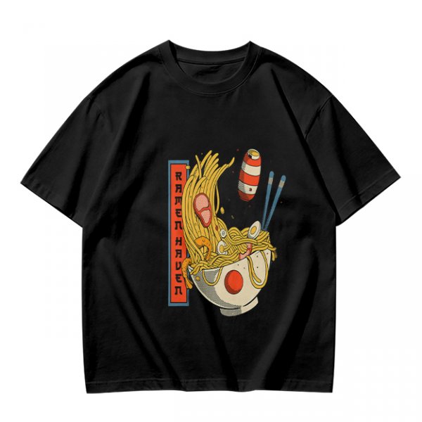 Olive T-Shirt With Ramen Bowl Graphic and Vertical Text Print