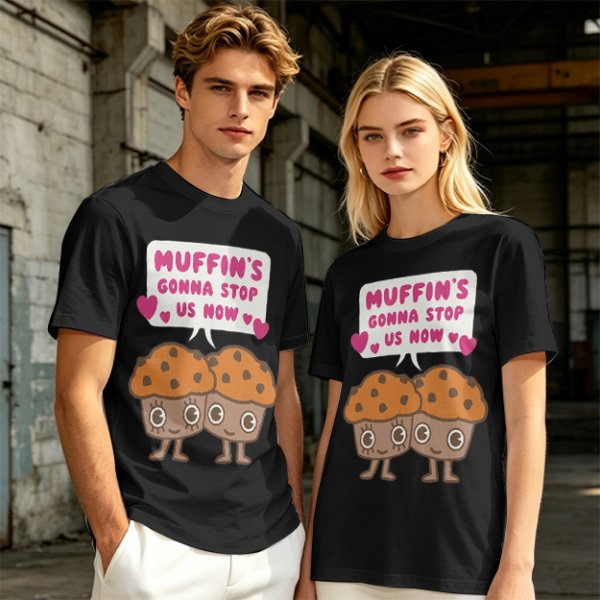Olive t-shirt with cute muffin graphic and playful text design