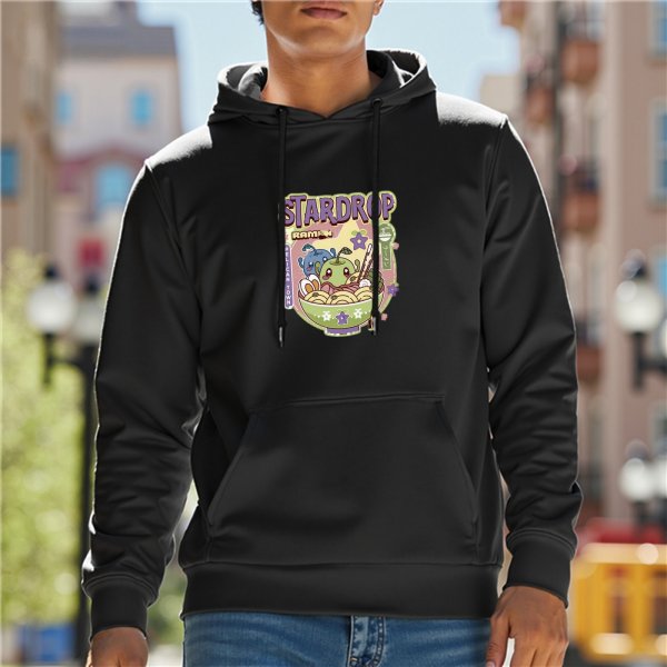 Black hoodie with Stardrop ramen bowl graphic design