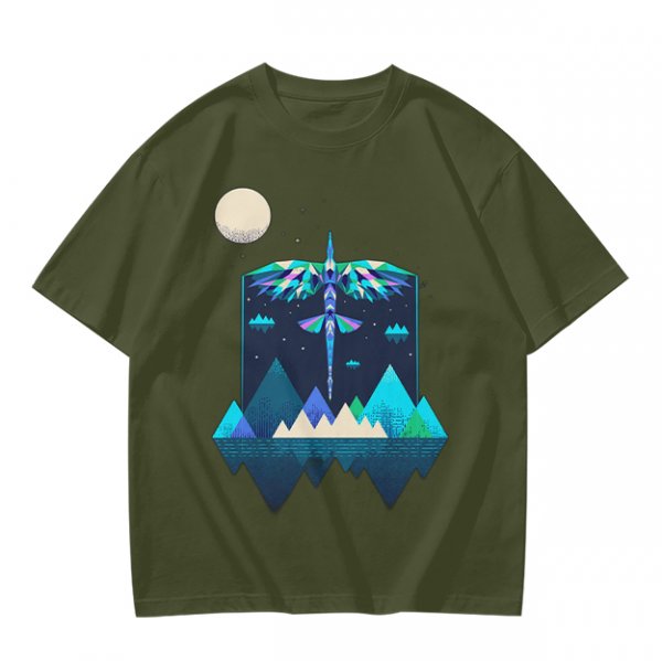 Olive T-Shirt With Geometric Dragonfly Mountain Night Scene Print