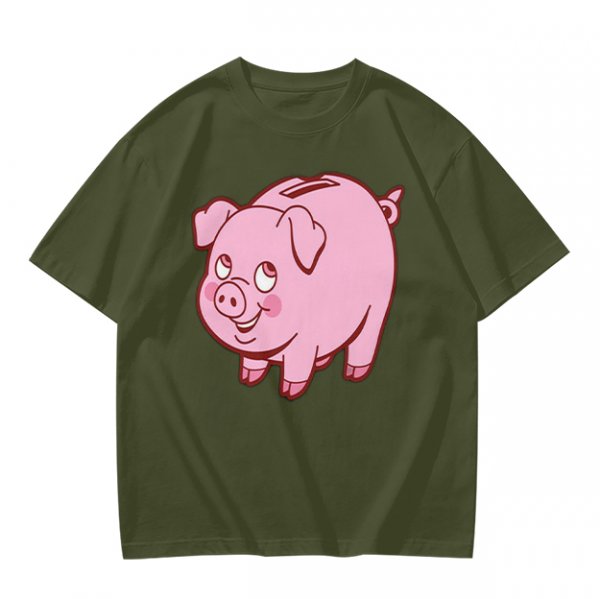 Olive Green T-Shirt With Cute Pink Piggy Bank Graphic Print