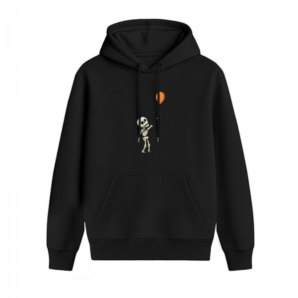 Black hoodie with cute skeleton holding orange balloon graphic