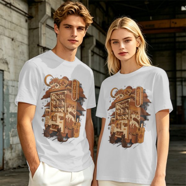 Olive T-Shirt with Coffee Vending Machine and Cats Graphic