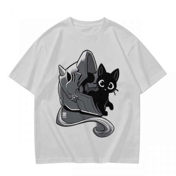 Olive Green T-Shirt With Black Cat Peeking From Knight Helmet Art