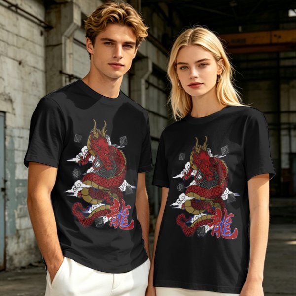 Olive T-shirt with Red Chinese Dragon and Cloud Graphic Print