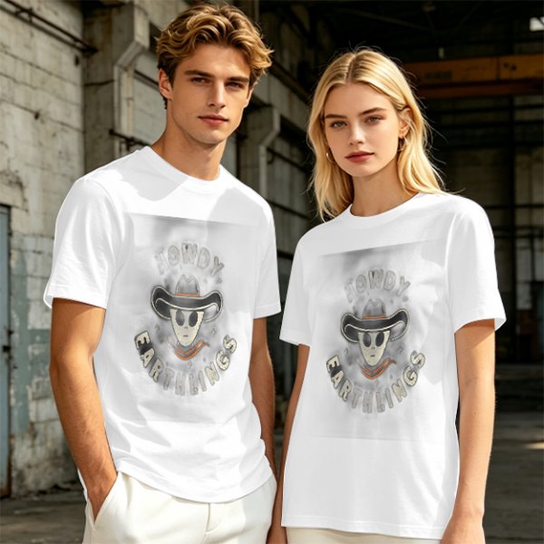 Olive t-shirt with alien cowboy howdy earthlings graphic
