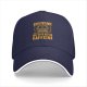 Black baseball cap with 'Caution May Bite Before Caffeine' graphic