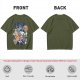 Olive green graphic t-shirt with raccoon eating ramen print