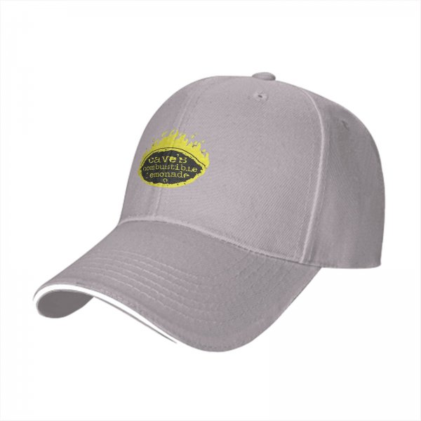 Black baseball cap with Cave's Combustible Lemonade flame logo