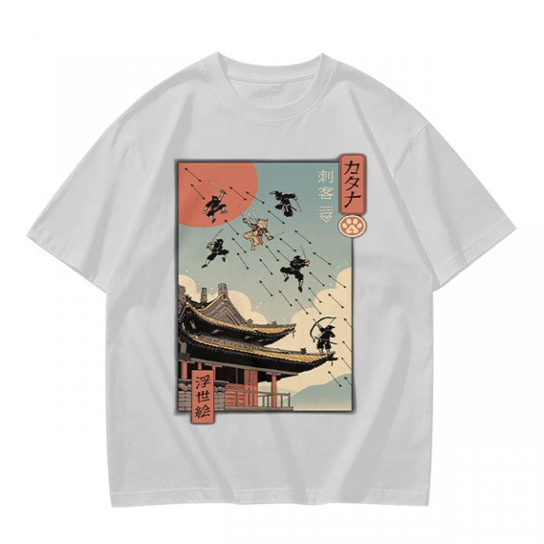 Olive T-Shirt with Ukiyo-e Style Ninja Temple Print