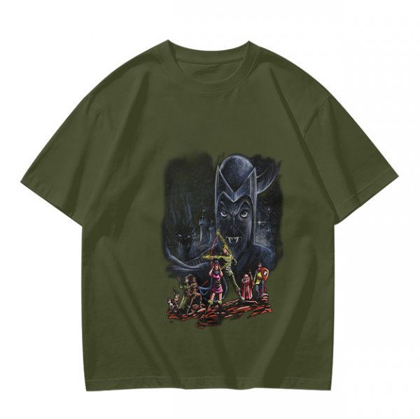 Olive T-Shirt With Dark Fantasy Villain And Hero Group Print