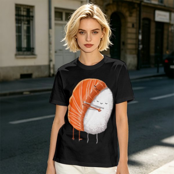 Olive T-shirt with Cute Hugging Salmon Sushi and Rice Print