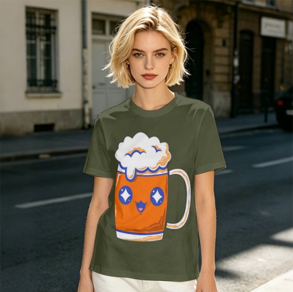 Olive T-Shirt With Cute Kawaii Beer Mug Graphic