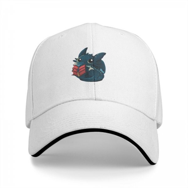 Black baseball cap featuring a cute dragon reading a red book