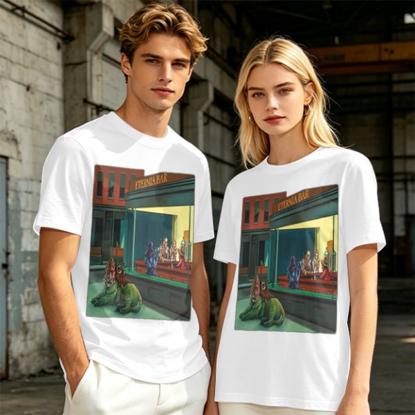 Olive T-Shirt With Surreal Bar Scene Graphic Print
