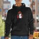 Black hoodie with a cartoon cat on fire graphic