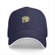 Black baseball cap with cute T-rex holding coffee graphic