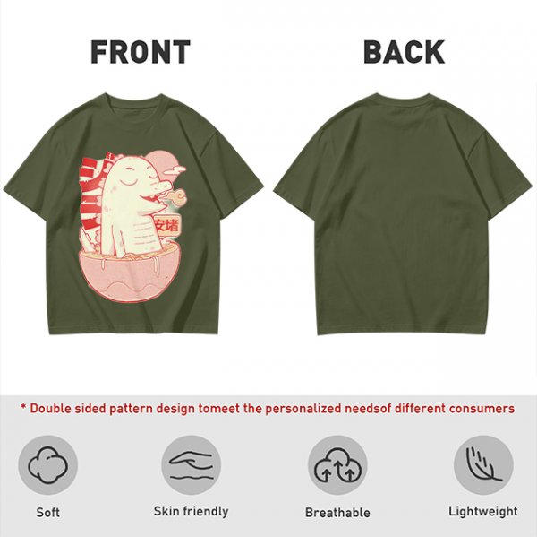 Olive t-shirt with a cartoon dinosaur in a ramen bowl graphic