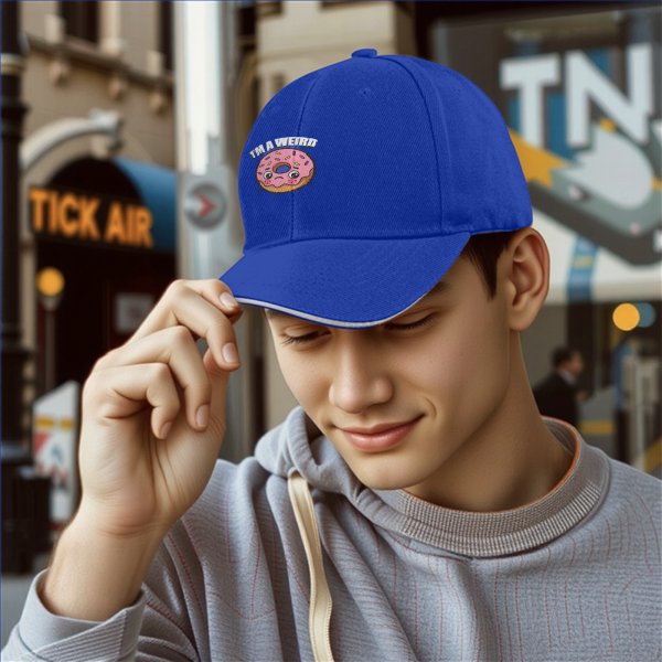 Black baseball cap with sad donut graphic and 'I'M A WEIRD' text