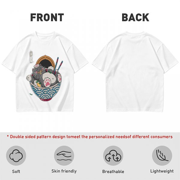 Oversized T-Shirt With Chubby Cat In Ramen Bowl Print